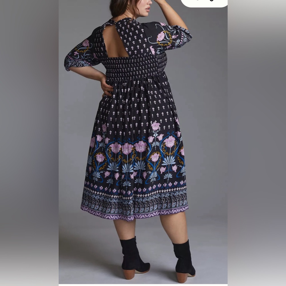 Anthropologie Dasha Smocked Midi Floral Tie Bohemian Dress Size Large - Picture 16 of 17